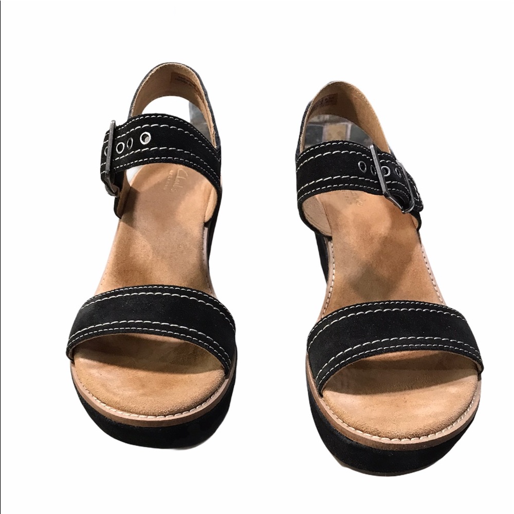 Clark’s Aisley Orchid Black Suede Wedge Sandal